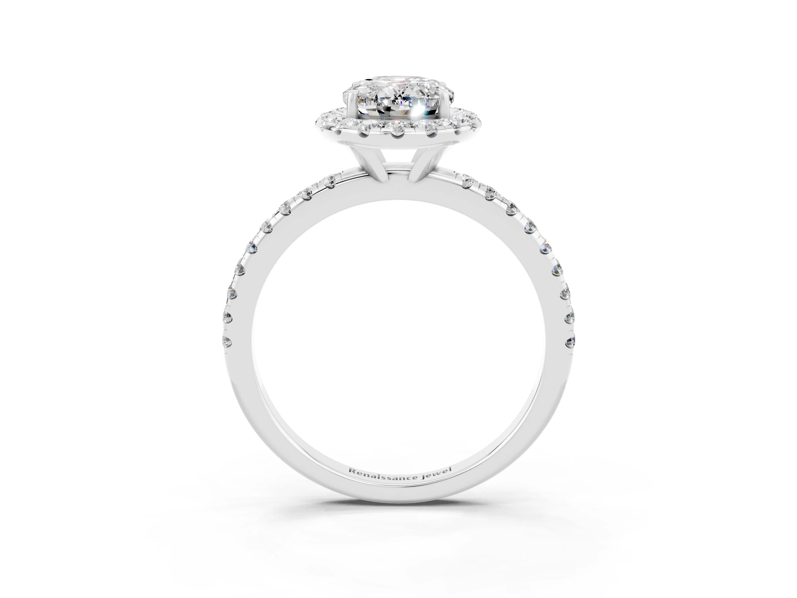 White gold Oval Cut Halo Round Diamond Pavé Band Four-Prong Ring_3