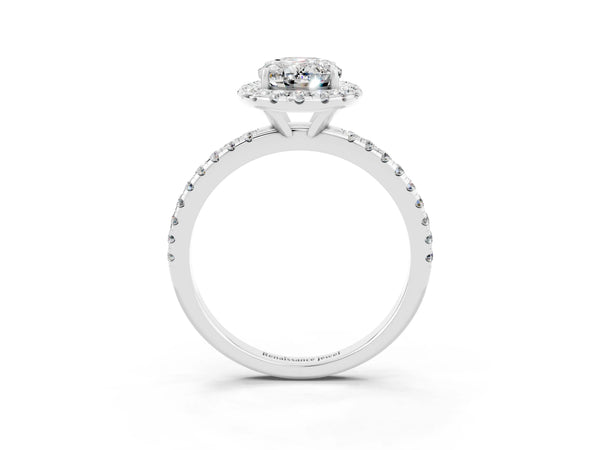 White gold Oval Cut Moissanite Halo Ring with Round Pavé Band and Prong Setting