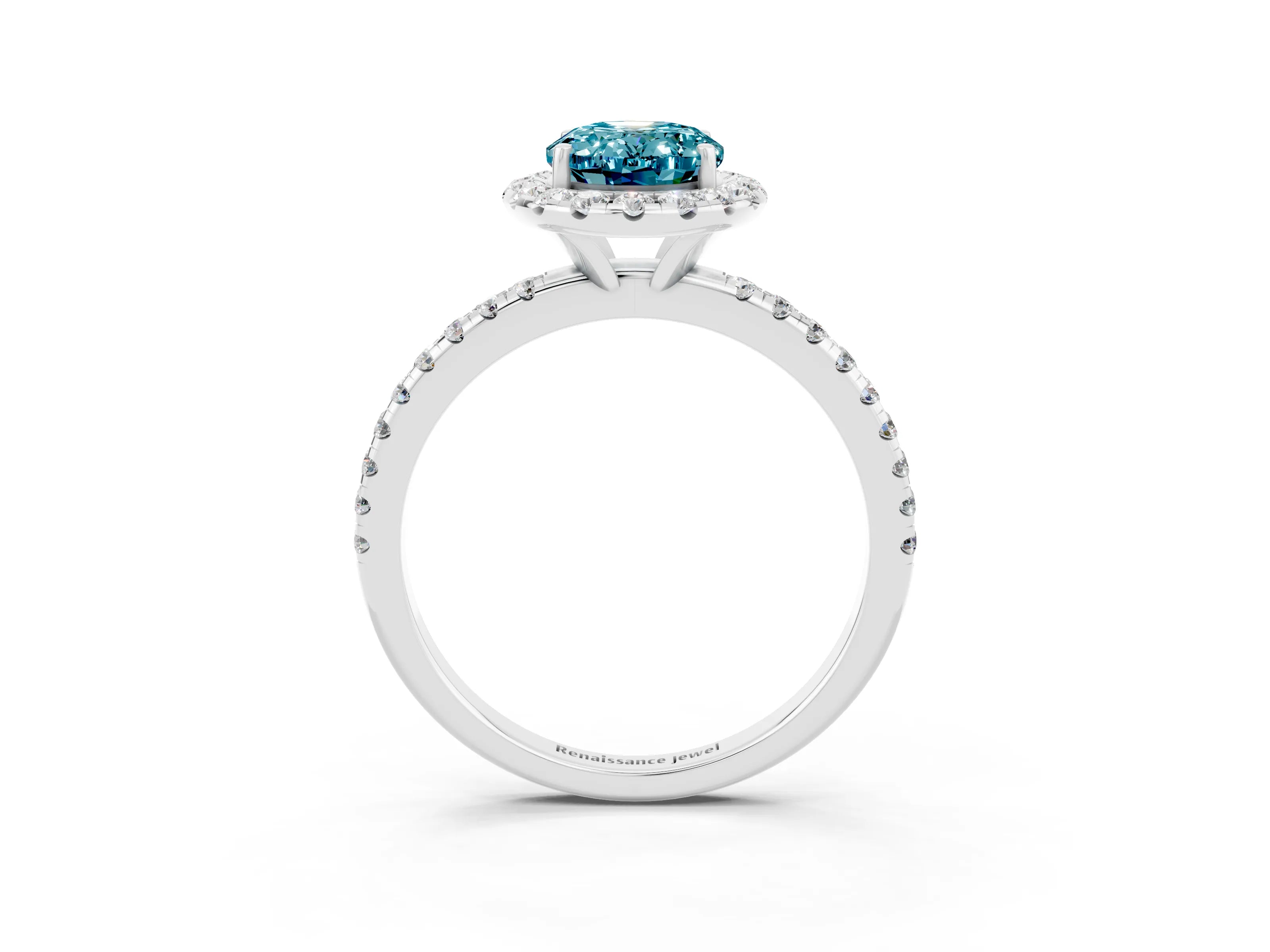 White gold Oval Cut Halo Round Diamond Pavé Band Four-Prong Ring_3
