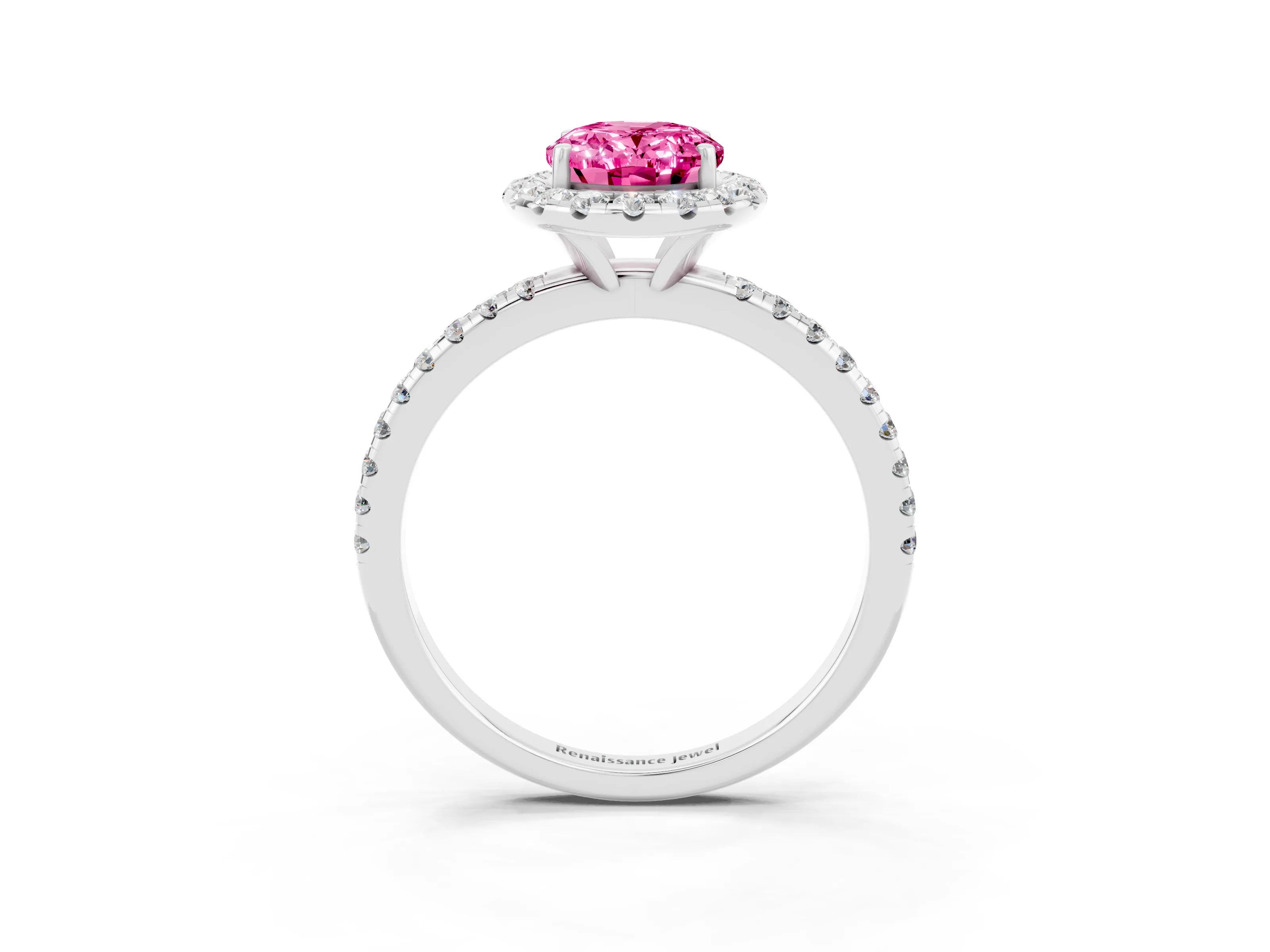 White gold Oval Cut Halo Round Diamond Pavé Band Four-Prong Ring_3