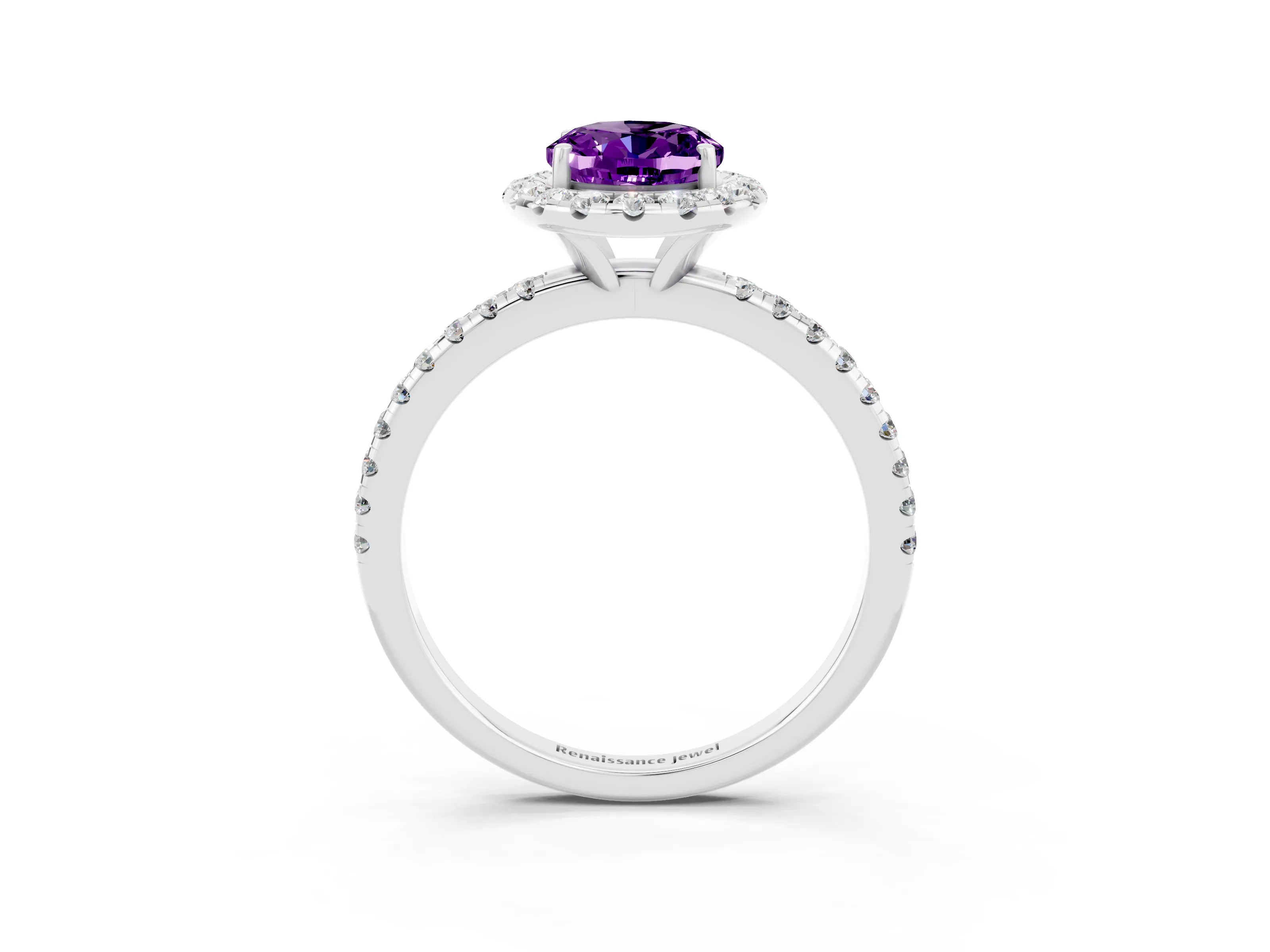 White gold Oval Cut Halo Round Diamond Pavé Band Four-Prong Ring_3