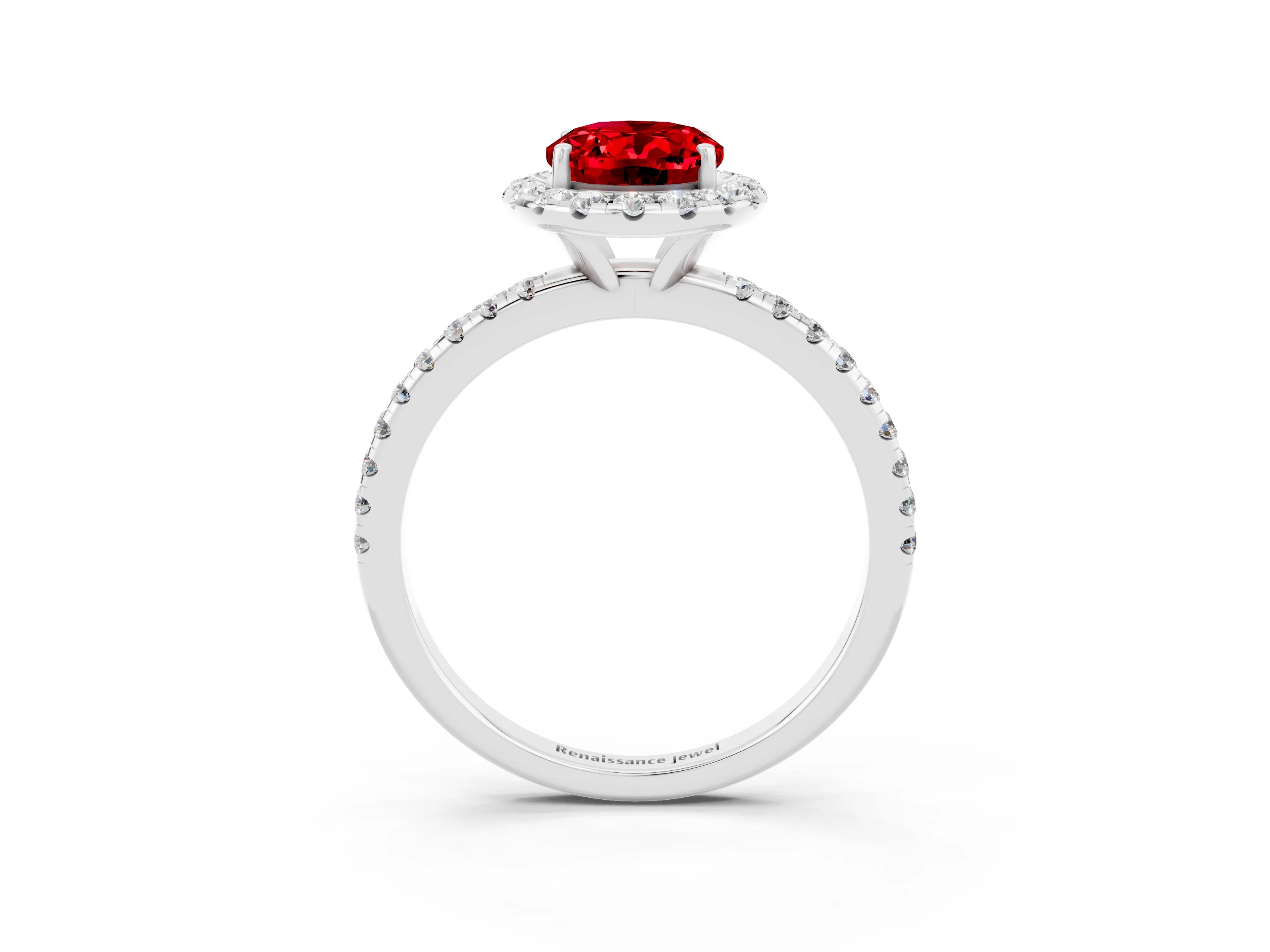 White gold Oval Cut Halo Round Diamond Pavé Band Four-Prong Ring_3