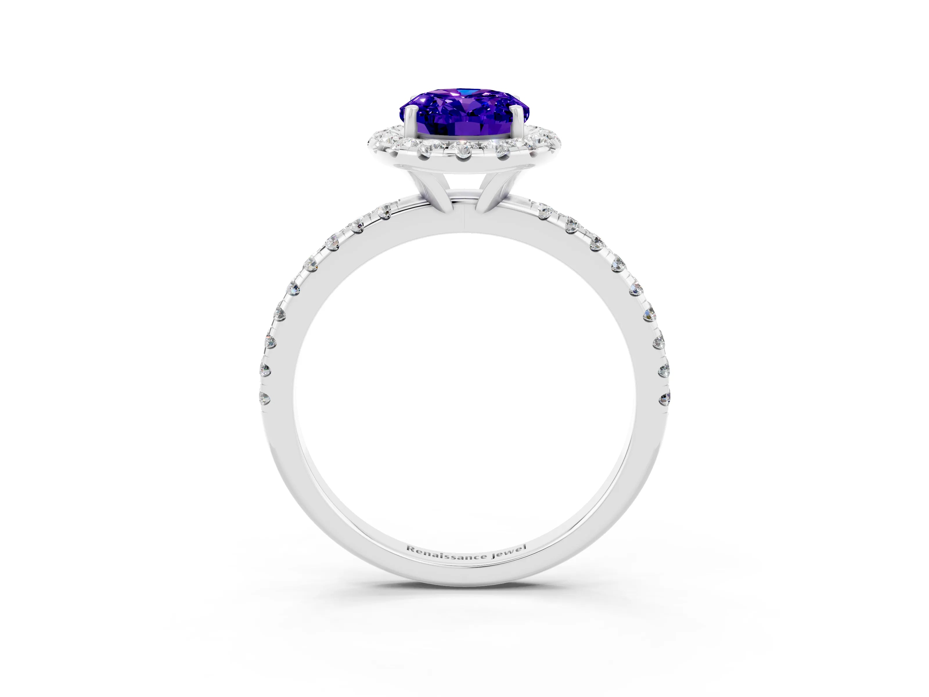 White gold Oval Cut Halo Round Diamond Pavé Band Four-Prong Ring_3