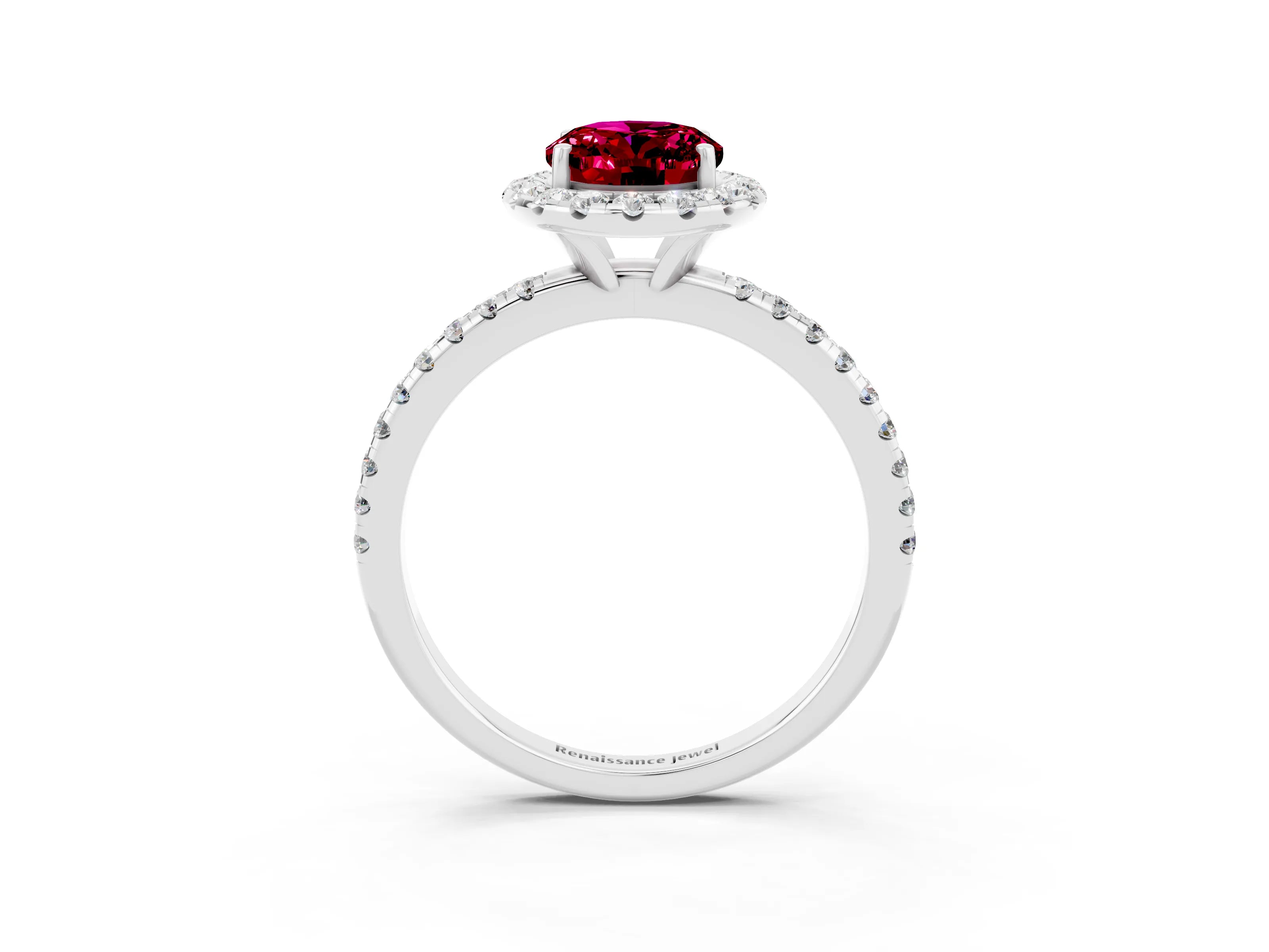 White gold Oval Cut Halo Round Diamond Pavé Band Four-Prong Ring_3