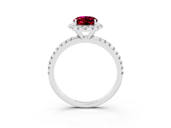 Platinum Oval Cut Garnet Halo Ring with Round Pavé Band and Prong Setting