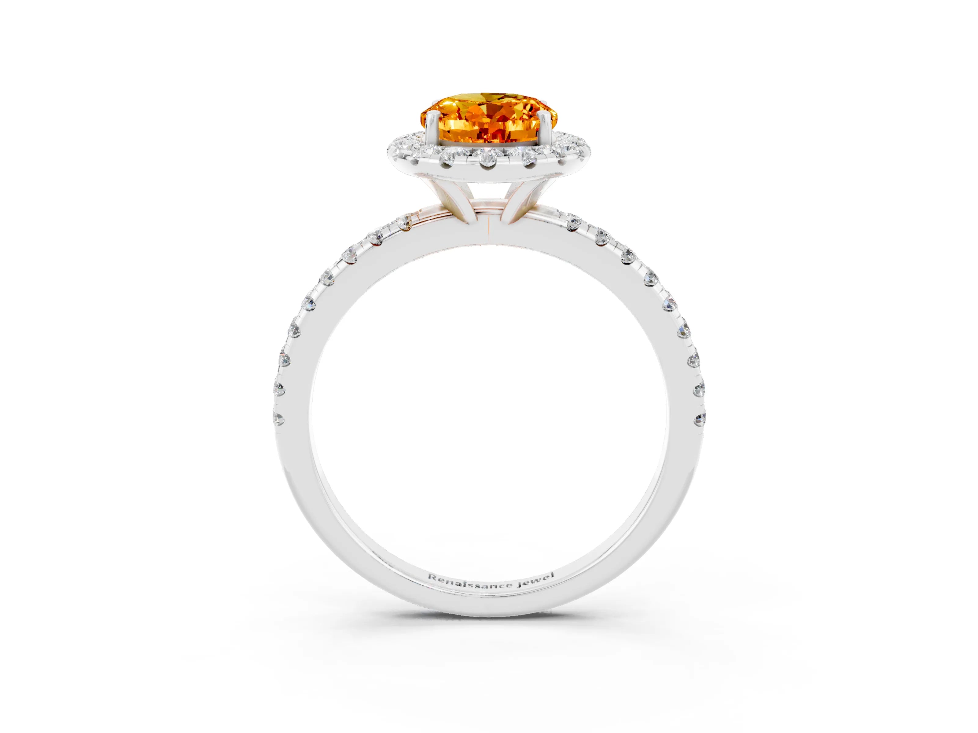 White gold Oval Cut Halo Round Diamond Pavé Band Four-Prong Ring_3