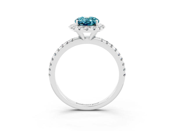 Silver Oval Cut Halo Round Diamond Pavé Band Four-Prong Ring