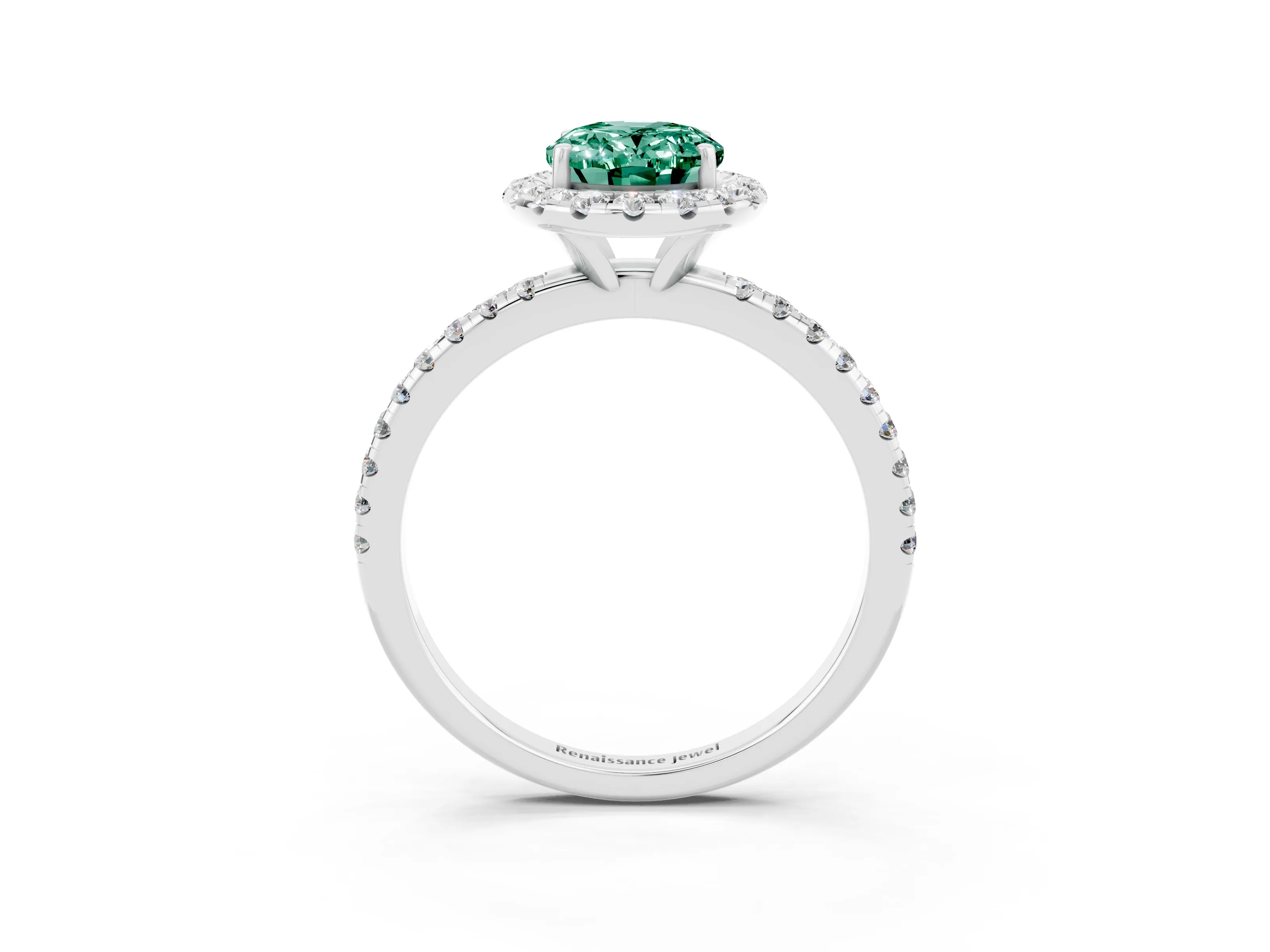White gold Oval Cut Halo Round Diamond Pavé Band Four-Prong Ring_3