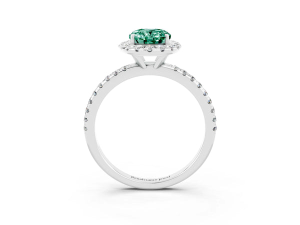 Platinum Oval Cut Green Sapphire Halo Ring with Round Pavé Band and Prong Setting
