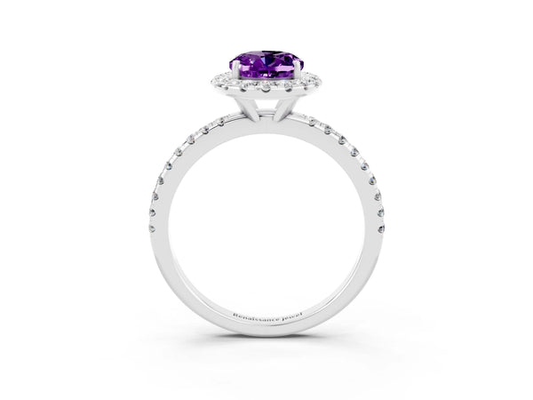 Platinum Oval Cut Amethyst Halo Ring with Round Pavé Band and Prong Setting