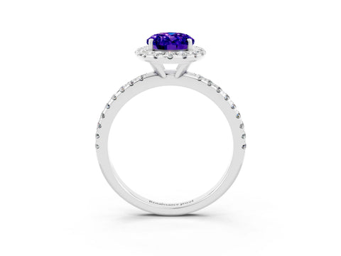White gold Oval Cut Halo Round Diamond Pavé Band Four-Prong Ring_3
