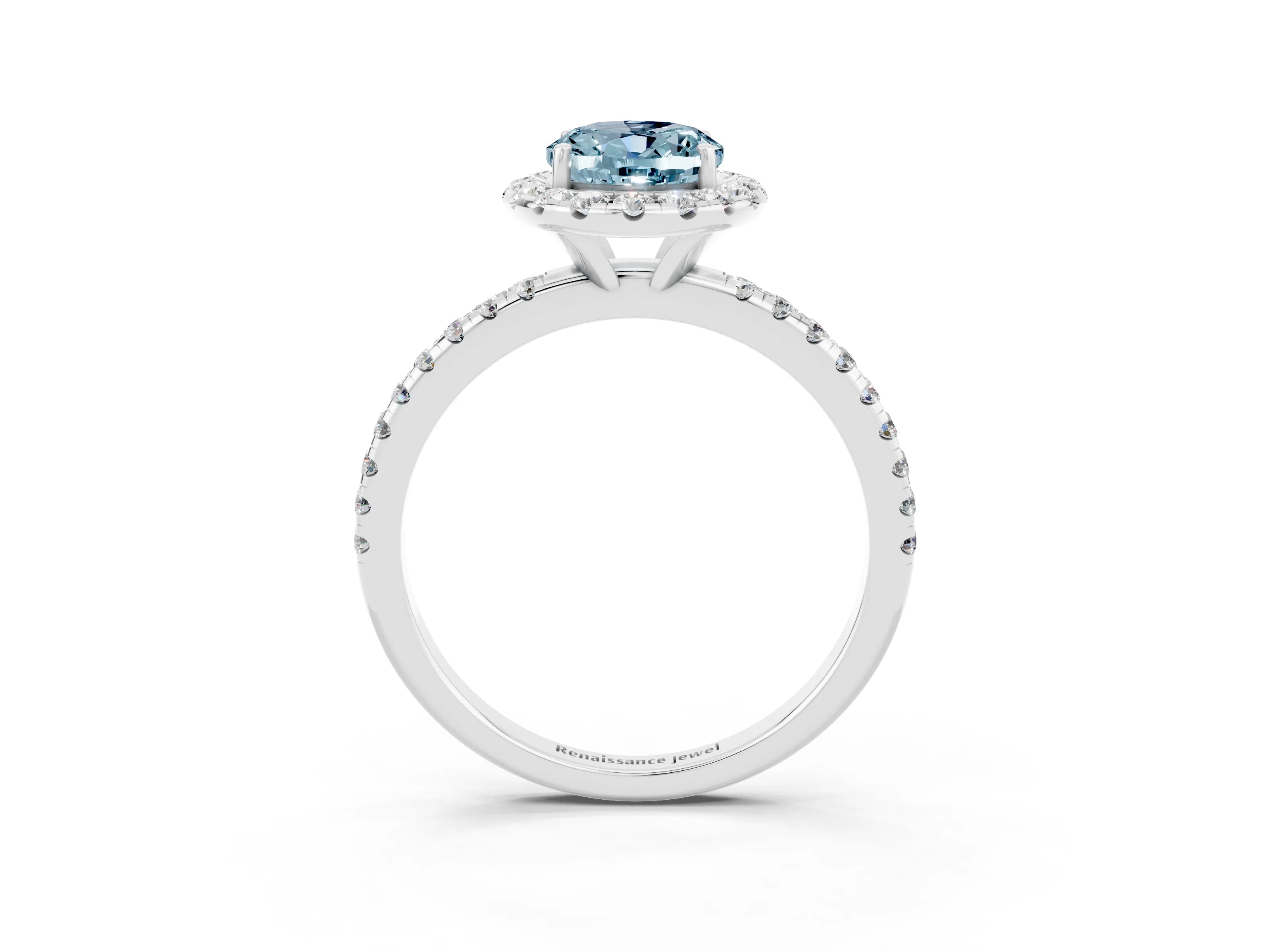 White gold Oval Cut Halo Round Diamond Pavé Band Four-Prong Ring_3