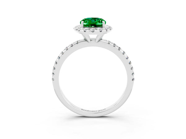 Silver Oval Cut Emerald Halo Ring with Round Pavé Band and Prong Setting