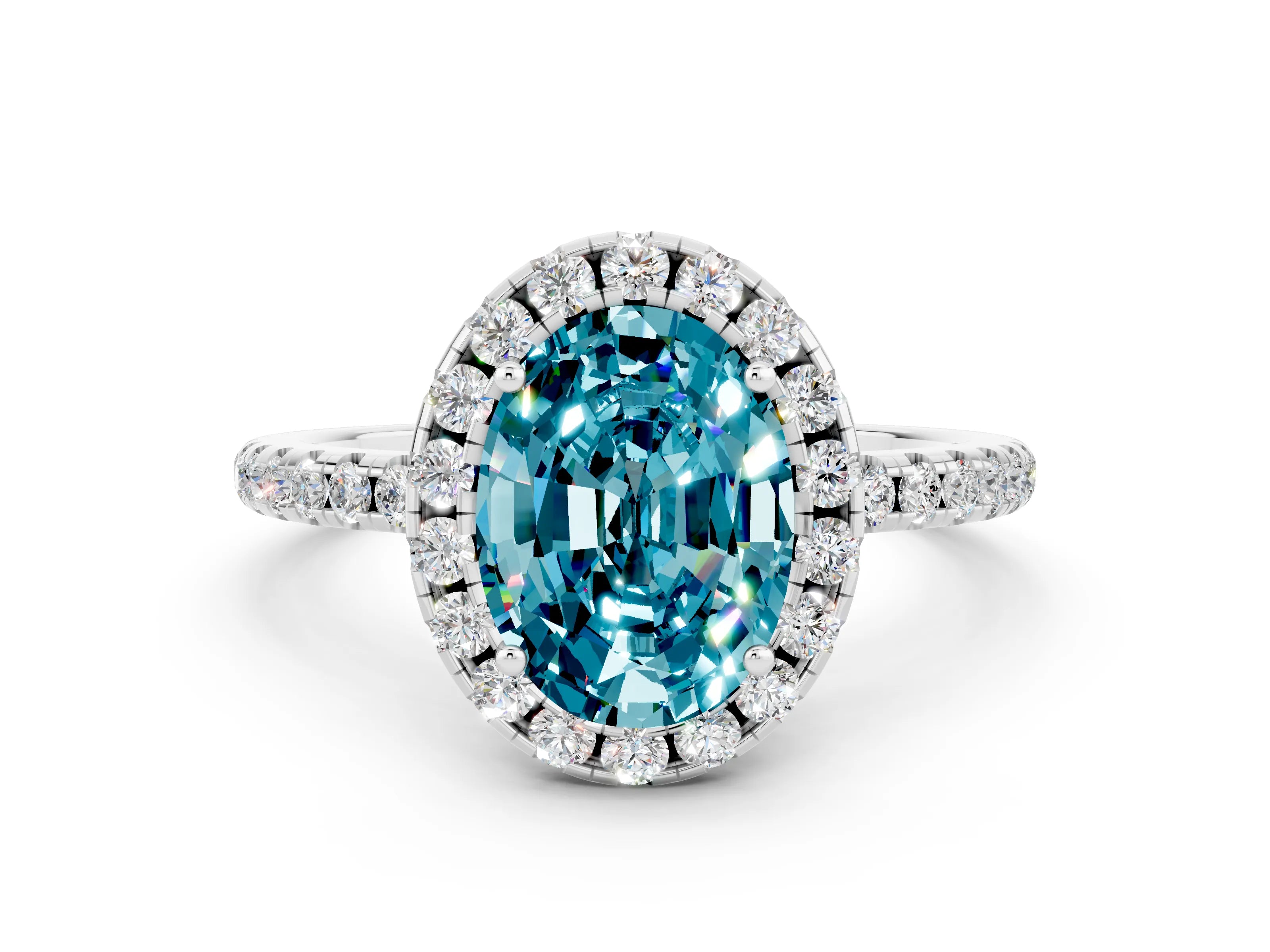White gold Oval Cut Halo Round Diamond Pavé Band Four-Prong Ring