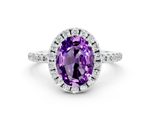 Silver Oval Cut Amethyst Halo Ring with Round Pavé Band and Prong Setting