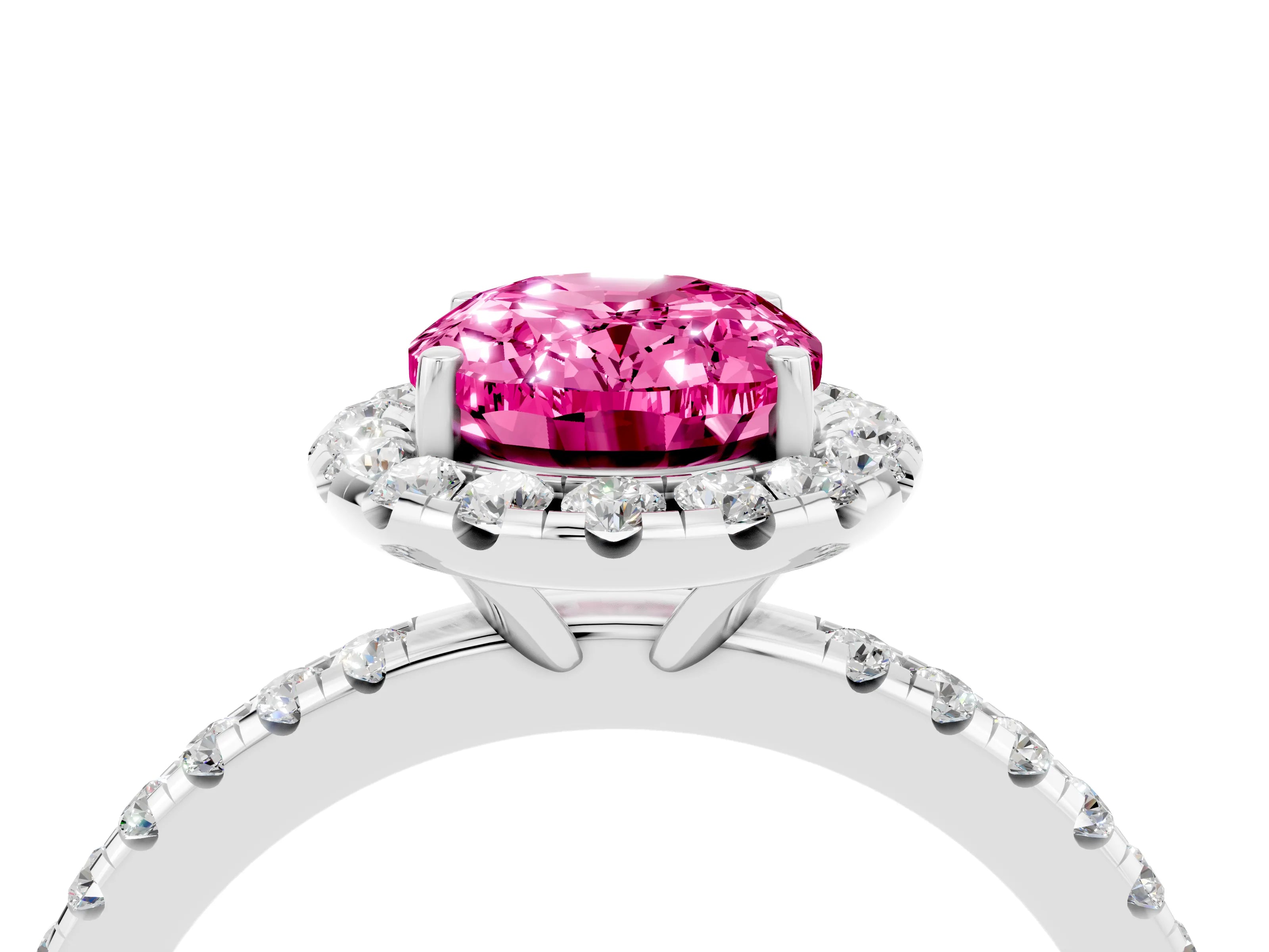 White gold Oval Cut Halo Round Diamond Pavé Band Four-Prong Ring_4