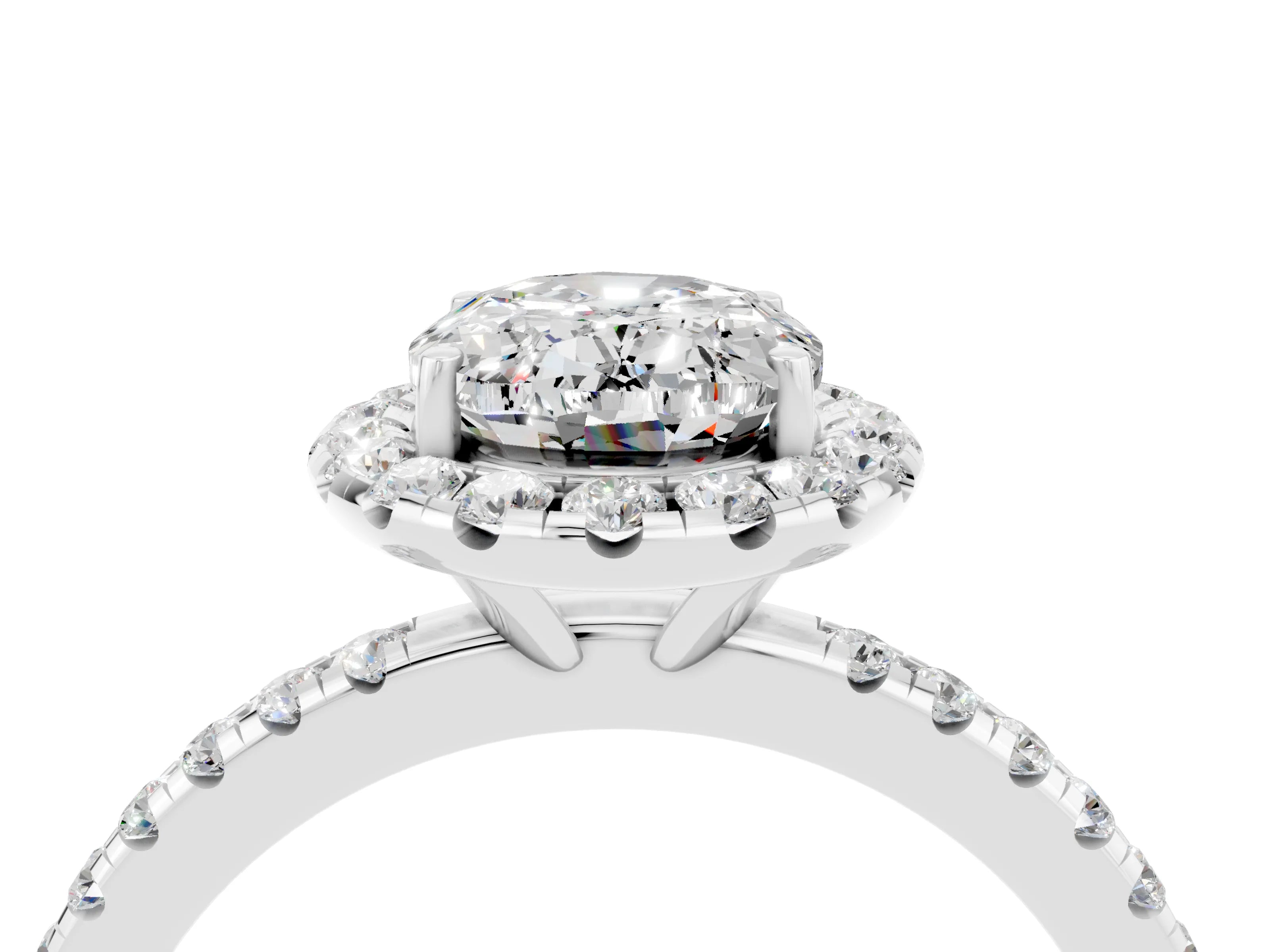 White gold Oval Cut Halo Round Diamond Pavé Band Four-Prong Ring_4