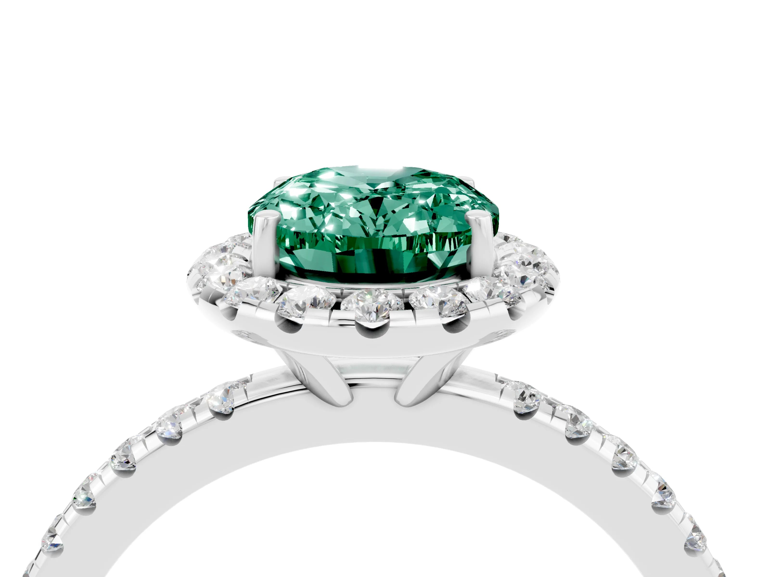 White gold Oval Cut Halo Round Diamond Pavé Band Four-Prong Ring_4