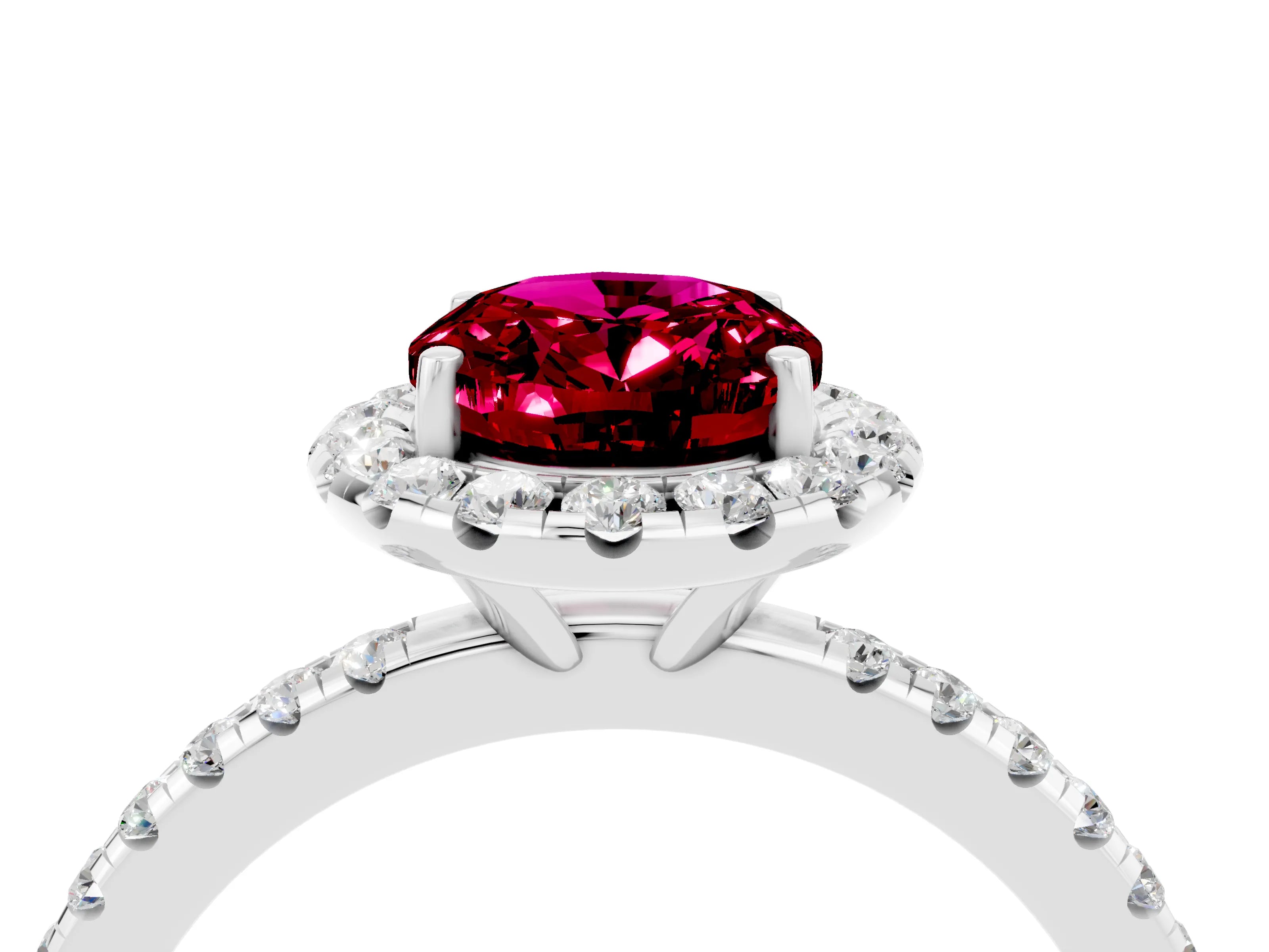 White gold Oval Cut Halo Round Diamond Pavé Band Four-Prong Ring_4