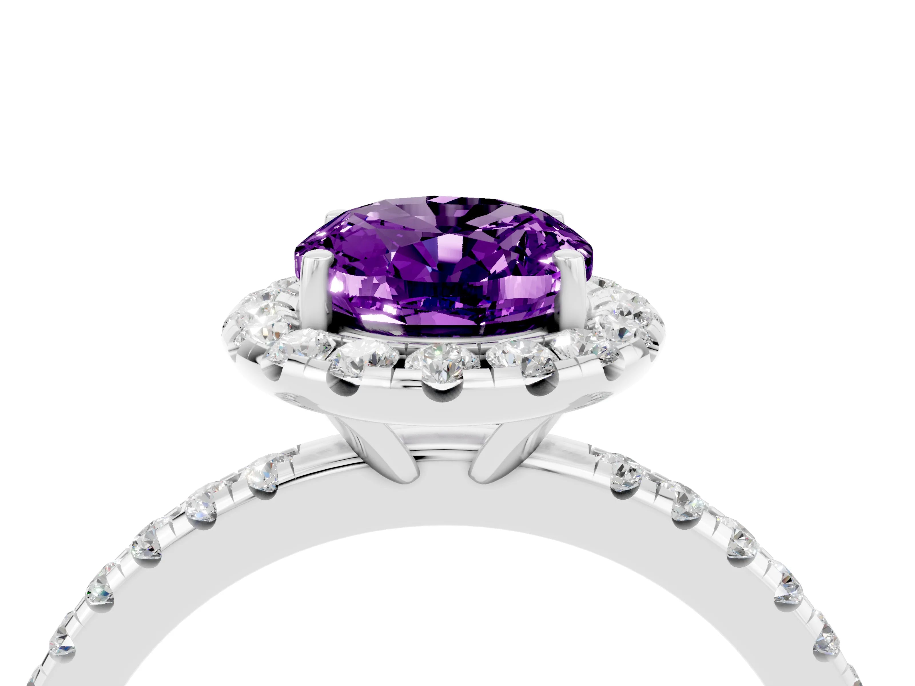 White gold Oval Cut Halo Round Diamond Pavé Band Four-Prong Ring_4