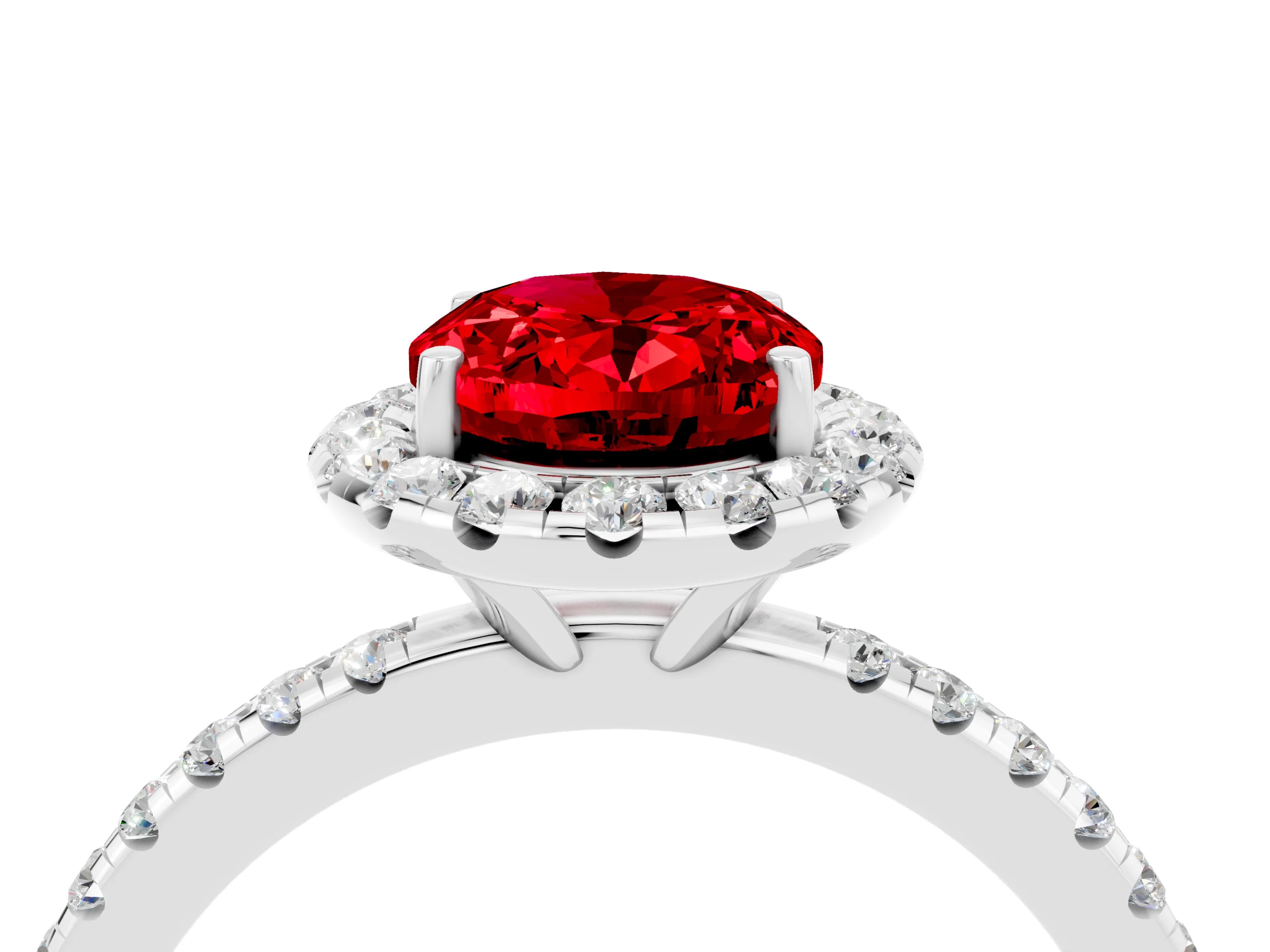 White gold Oval Cut Halo Round Diamond Pavé Band Four-Prong Ring_4
