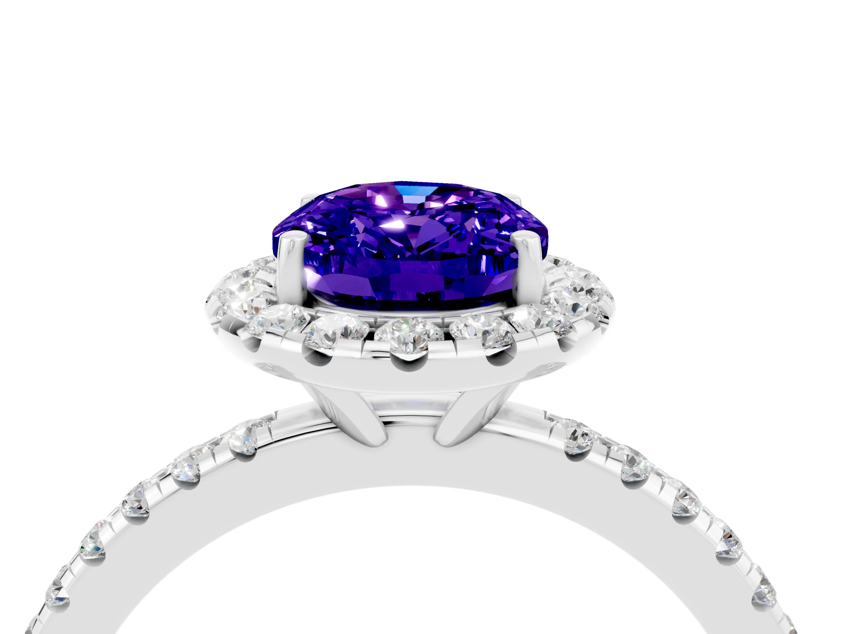 White gold Oval Cut Halo Round Diamond Pavé Band Four-Prong Ring_4