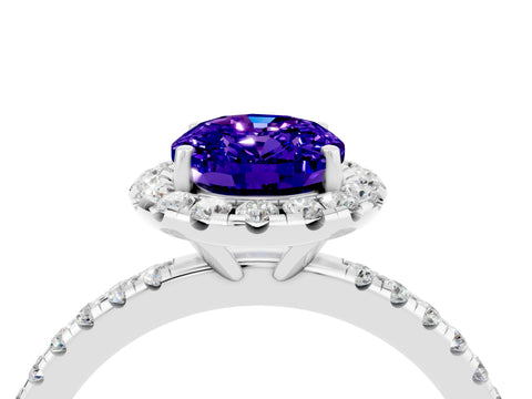 White gold Oval Cut Halo Round Diamond Pavé Band Four-Prong Ring_4