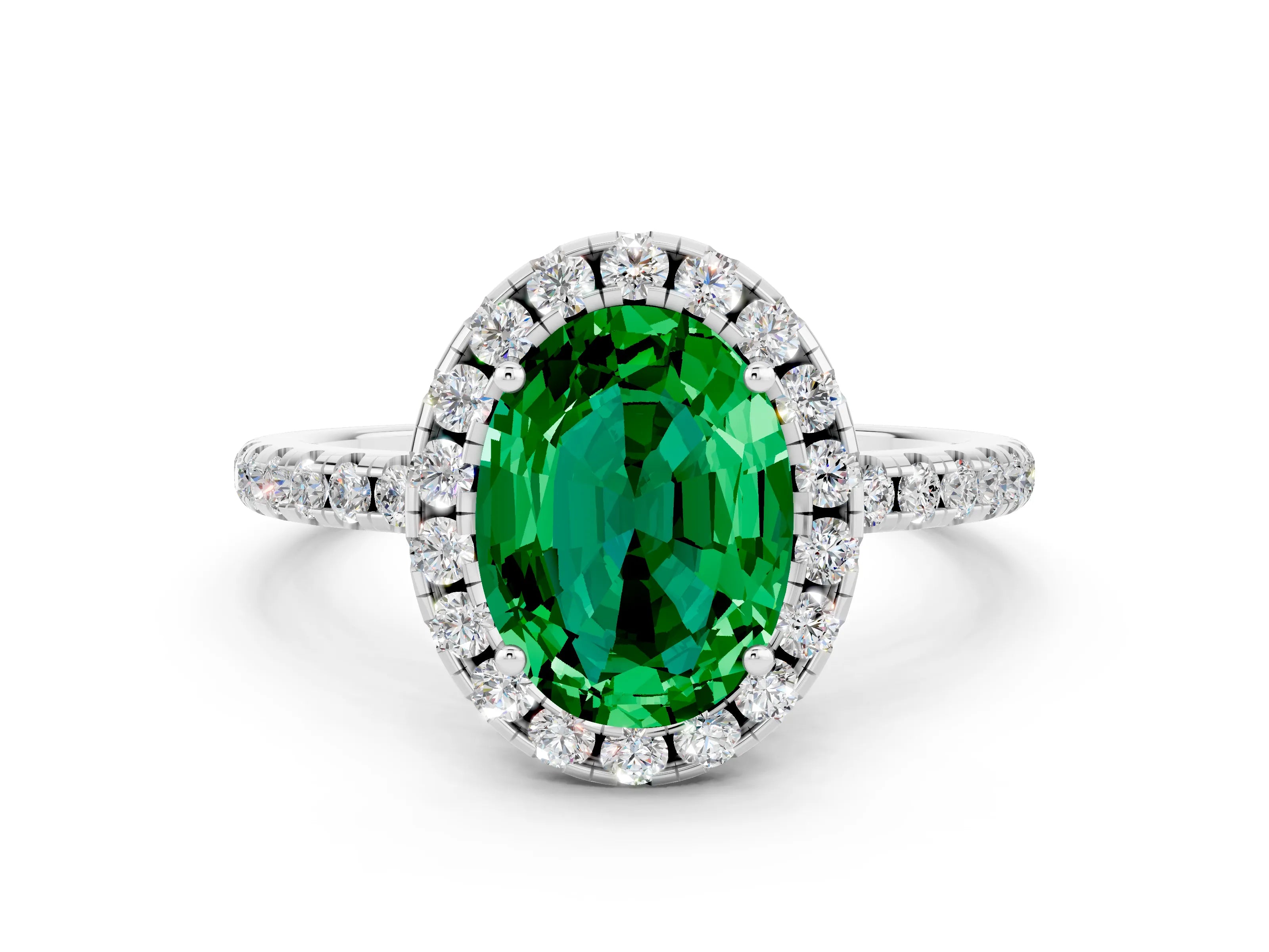 White gold Oval Cut Halo Round Diamond Pavé Band Four-Prong Ring