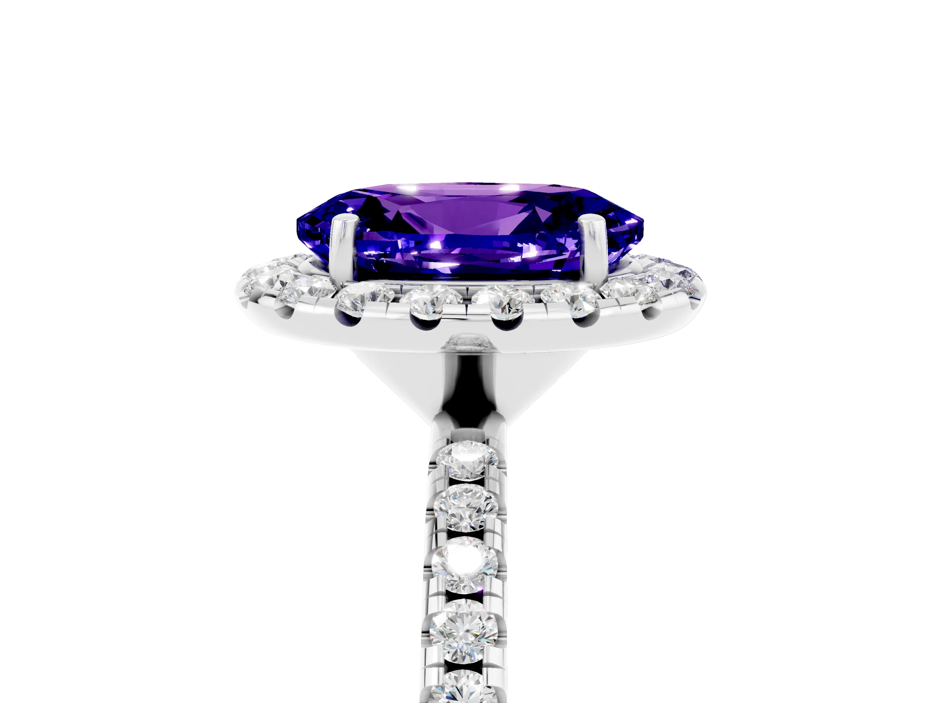 White gold Oval Cut Halo Round Diamond Pavé Band Four-Prong Ring_5