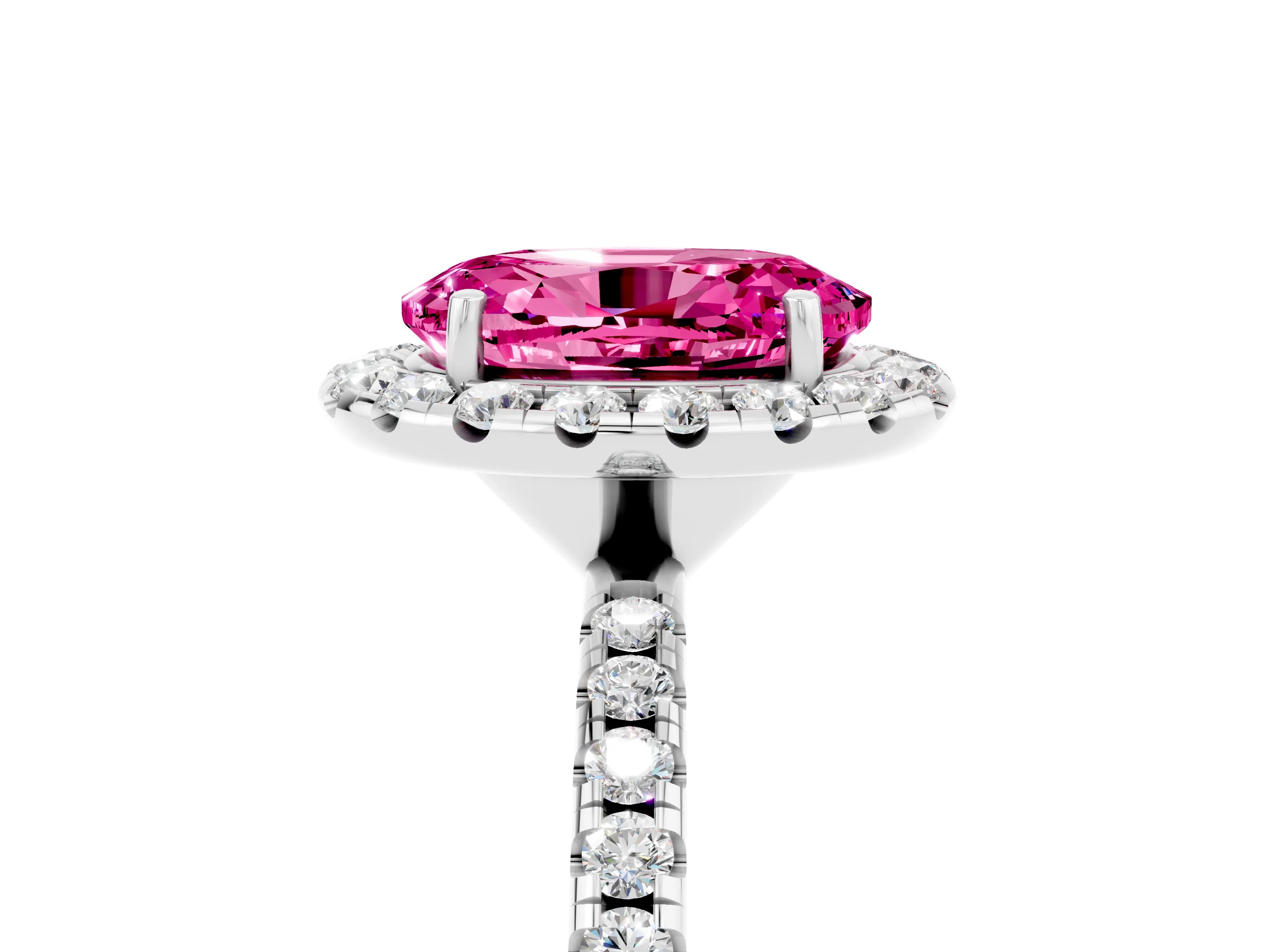 White gold Oval Cut Halo Round Diamond Pavé Band Four-Prong Ring_5