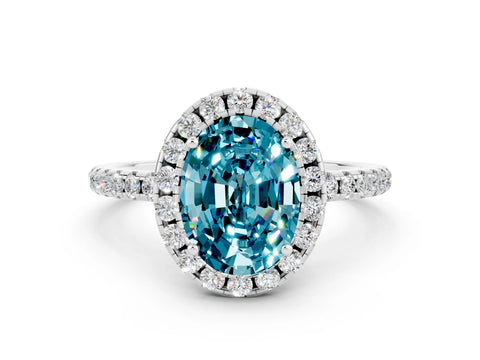 White gold Oval Cut Halo Round Diamond Pavé Band Four-Prong Ring