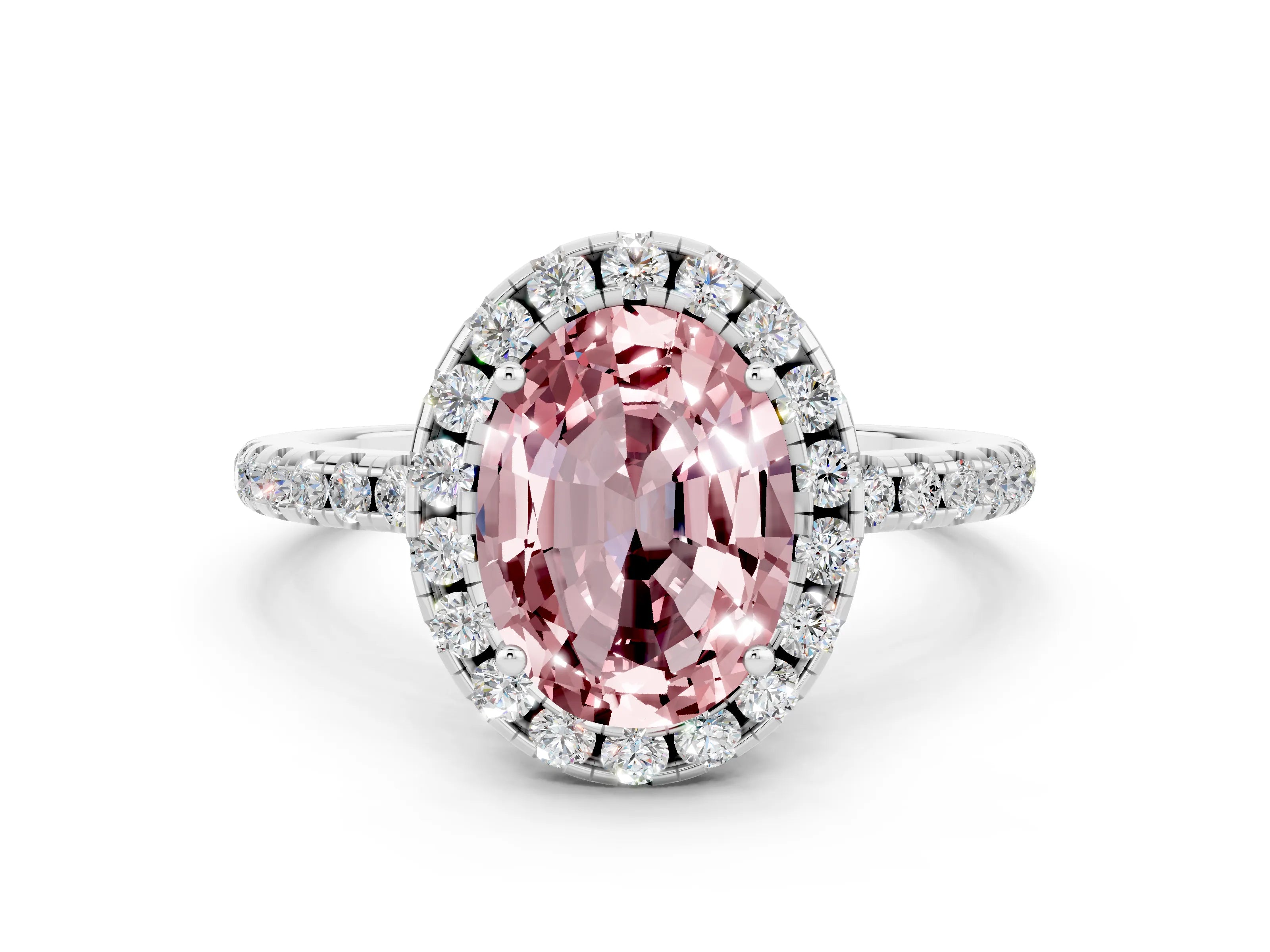 White gold Oval Cut Halo Round Diamond Pavé Band Four-Prong Ring