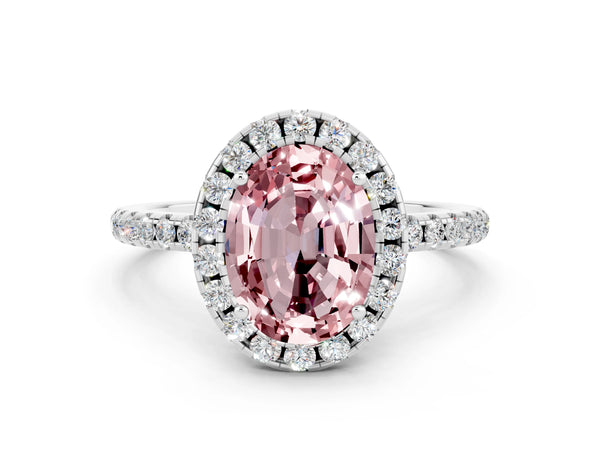 Silver Oval Cut Halo Round Diamond Pavé Band Four-Prong Ring