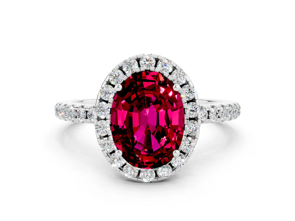 Platinum Oval Cut Garnet Halo Ring with Round Pavé Band and Prong Setting