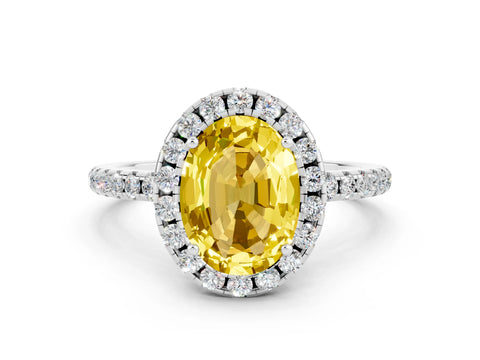 White gold Oval Cut Halo Round Diamond Pavé Band Four-Prong Ring