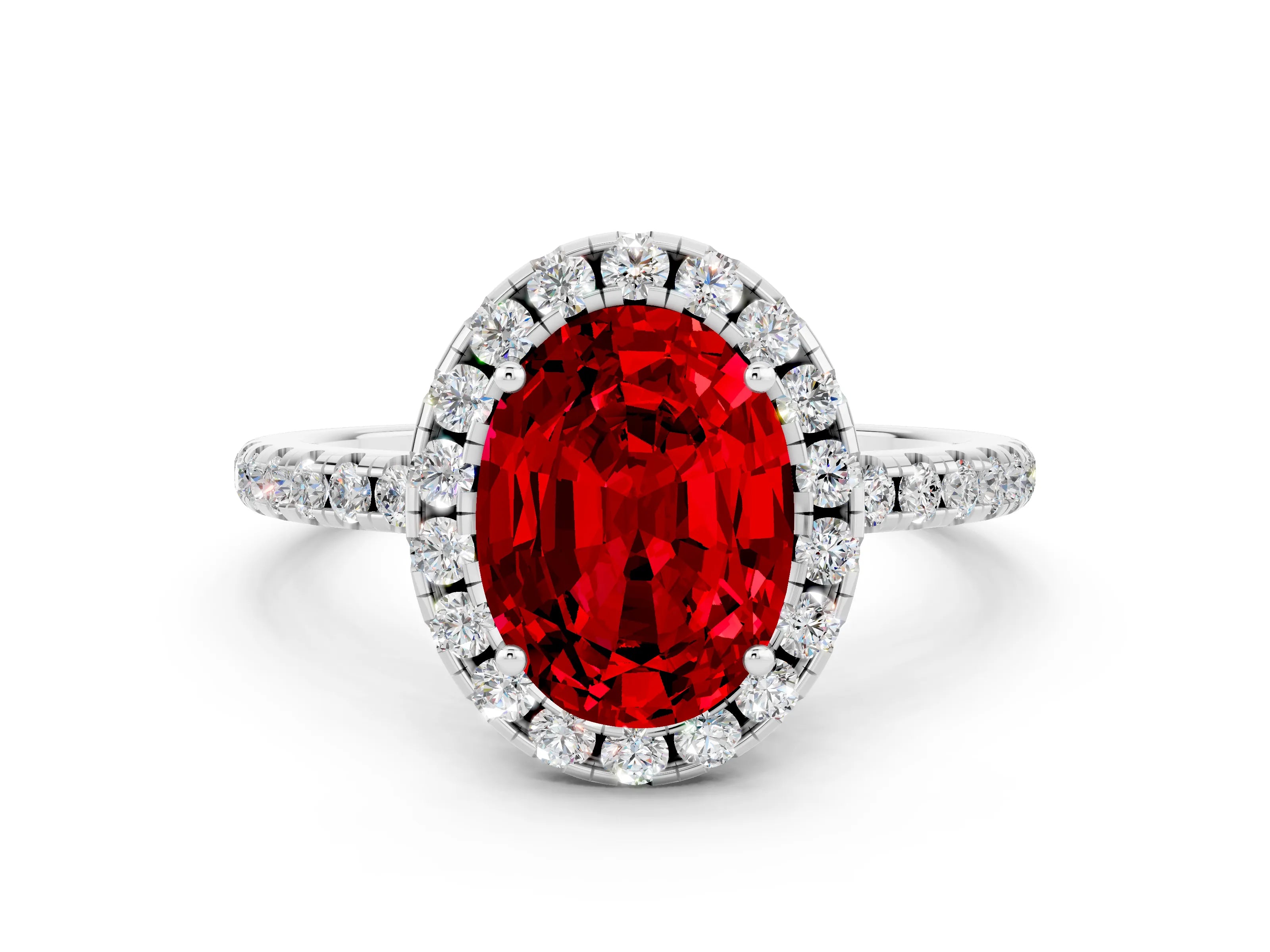 White gold Oval Cut Halo Round Diamond Pavé Band Four-Prong Ring