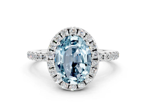 White gold Oval Cut Halo Round Diamond Pavé Band Four-Prong Ring