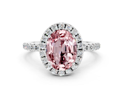 White gold Oval Cut Halo Round Diamond Pavé Band Four-Prong Ring