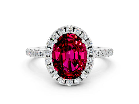 White gold Oval Cut Halo Round Diamond Pavé Band Four-Prong Ring