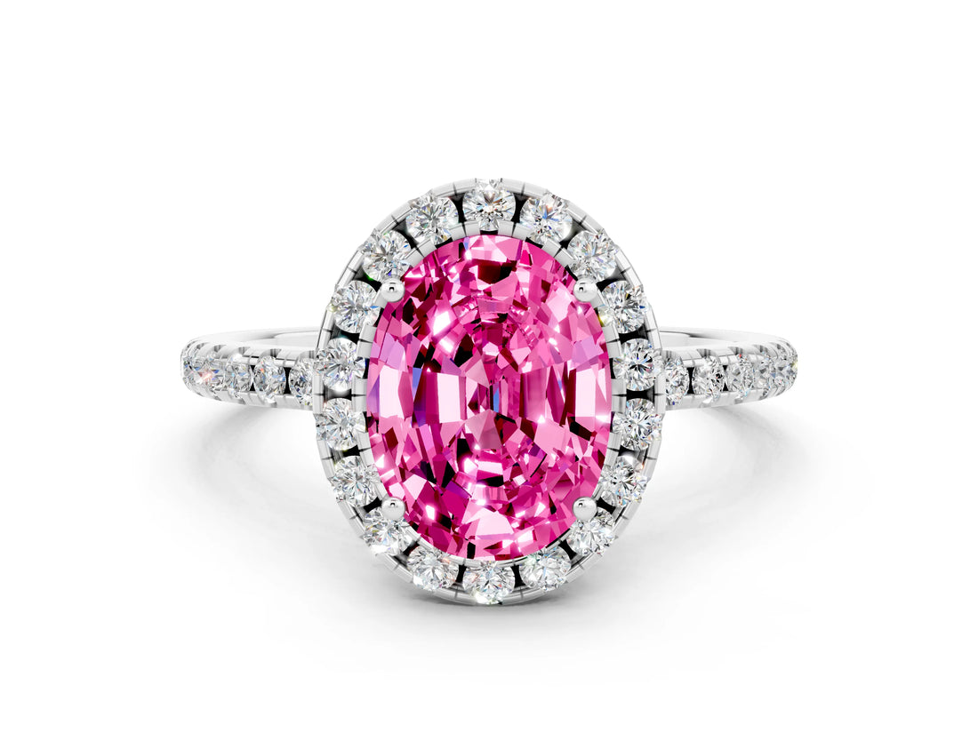 White gold Oval Cut Halo Round Diamond Pavé Band Four-Prong Ring