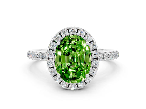 White gold Oval Cut Halo Round Diamond Pavé Band Four-Prong Ring