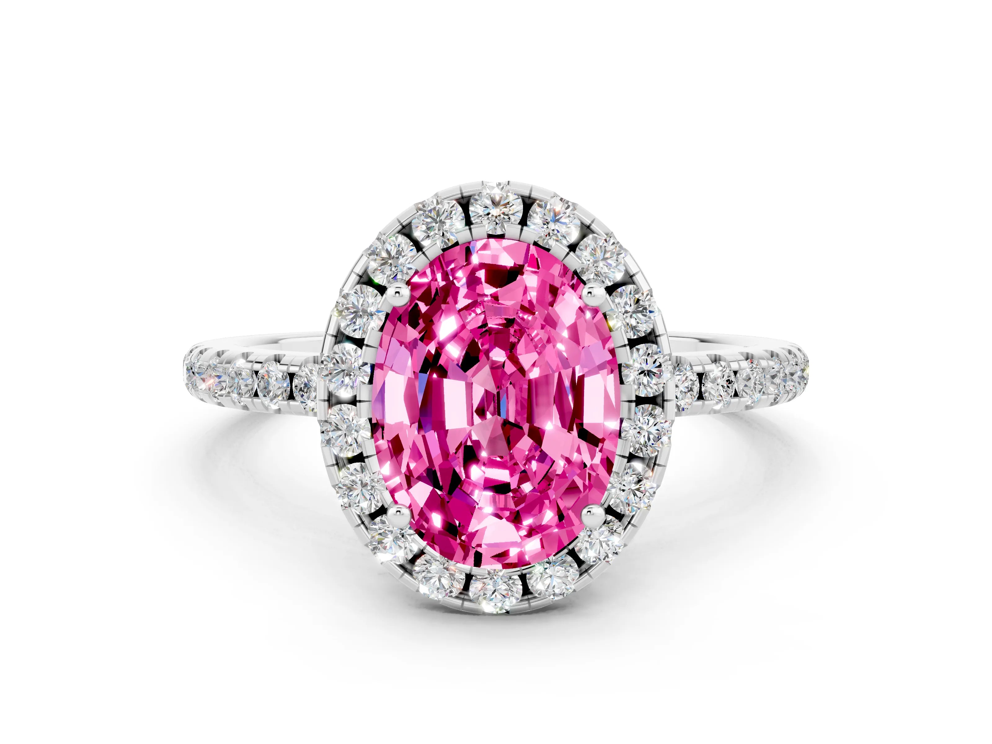 White gold Oval Cut Halo Round Diamond Pavé Band Four-Prong Ring