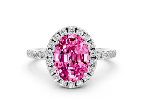 White gold Oval Cut Halo Round Diamond Pavé Band Four-Prong Ring