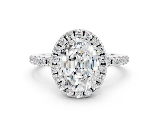 White gold Oval Cut Moissanite Halo Ring with Round Pavé Band and Prong Setting
