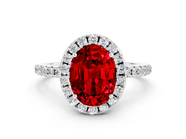 White gold Oval Cut Halo Round Diamond Pavé Band Four-Prong Ring