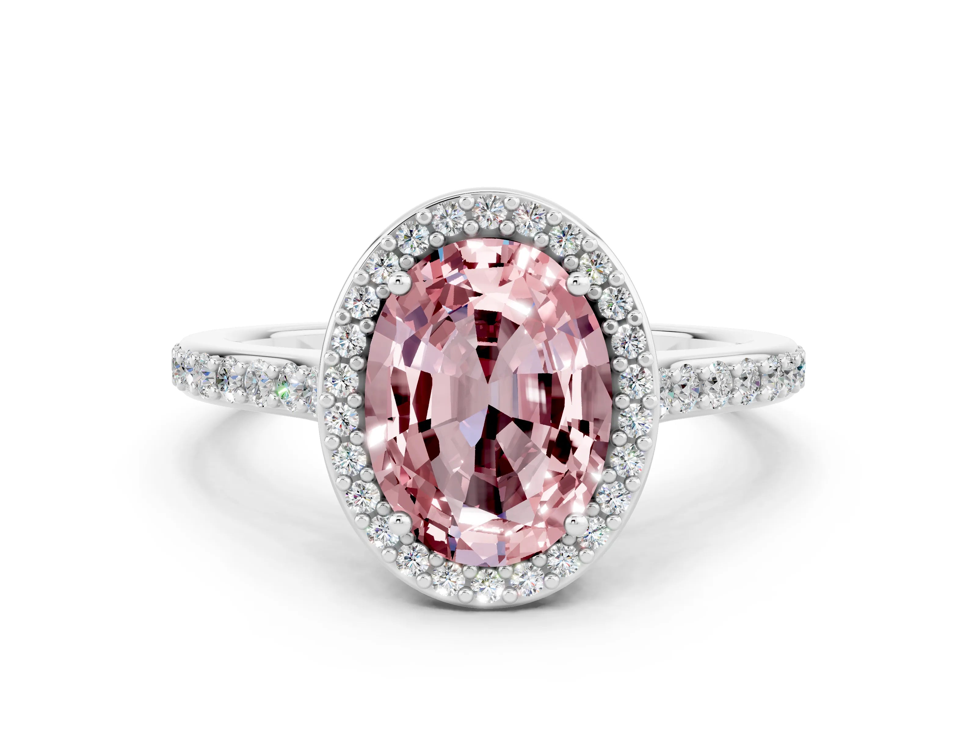 White gold Oval Cut Halo Round Diamond Pavé Band with Four-Prong Setting