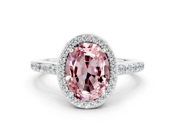 Platinum Oval Cut Halo Round Diamond Pavé Band with Four-Prong Setting