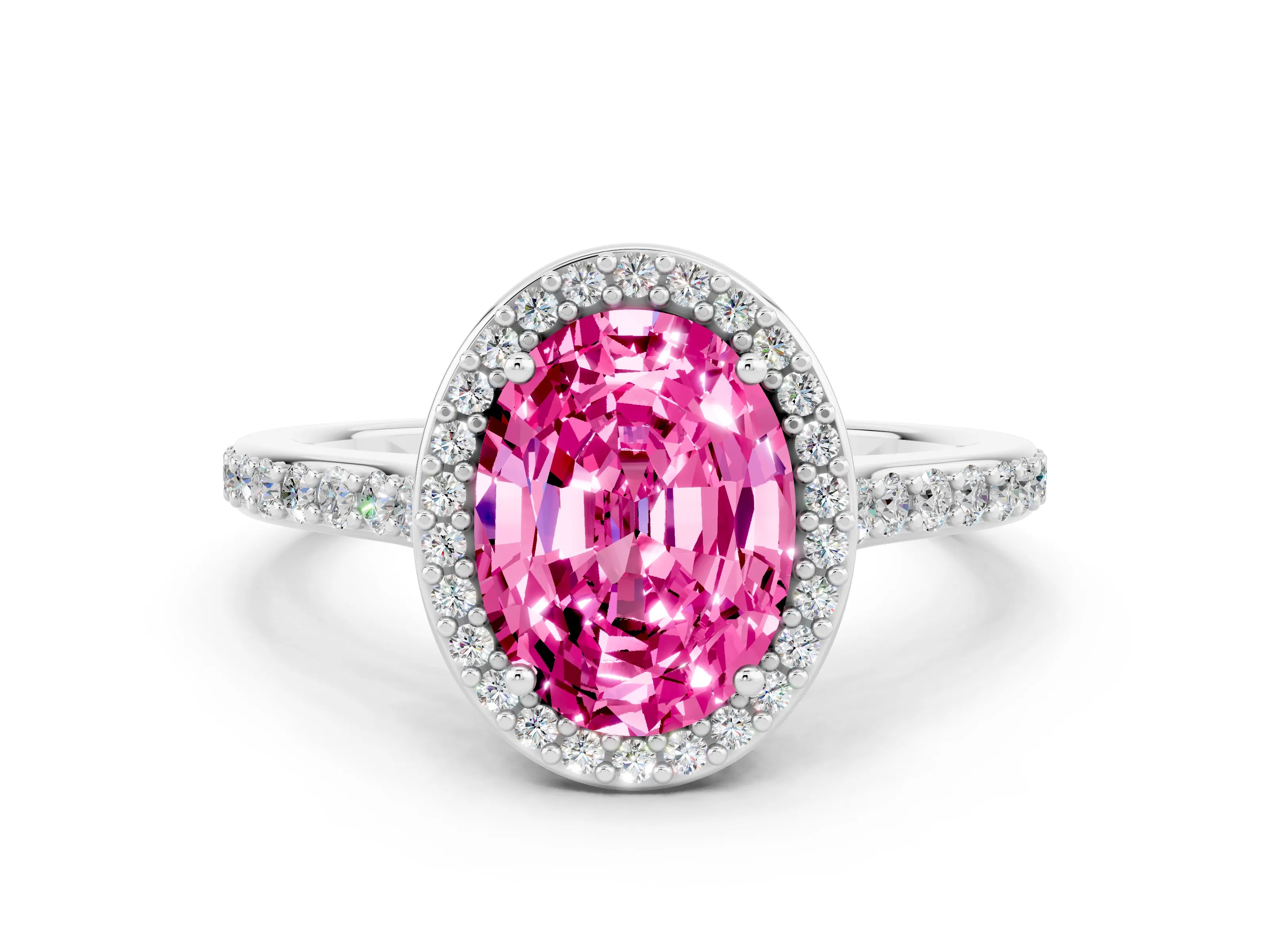 White gold Oval Cut Halo Round Diamond Pavé Band with Four-Prong Setting