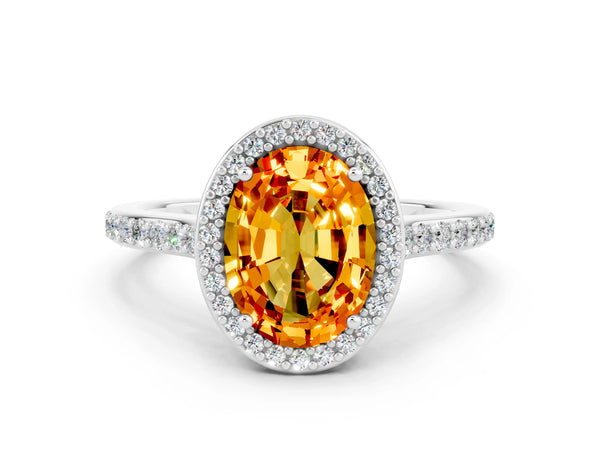 White gold Oval Cut Citrine Halo Engagement Ring with Round Pavé Shoulders and Prong Setting