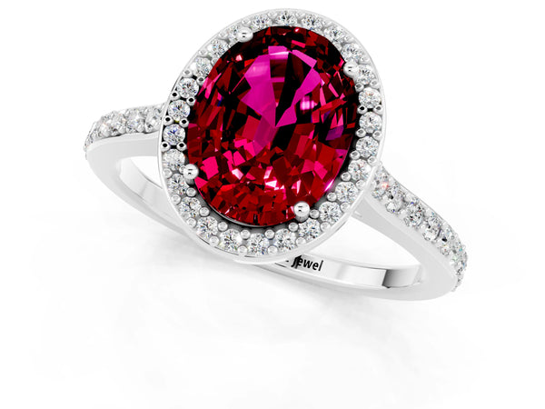 White gold Oval Cut Garnet Halo Engagement Ring with Round Pavé Shoulders and Prong Setting
